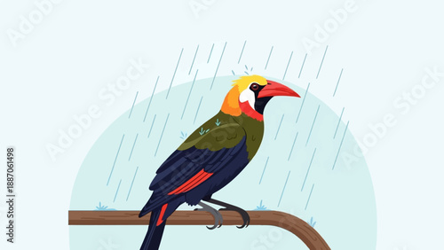A colorful bird perches on a branch during a gentle rain shower