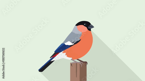 A colorful bullfinch perched on a wooden post, casting a long shadow