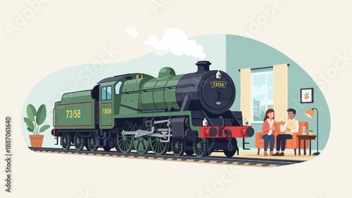 A couple relaxes indoors as a vintage steam train passes by their window