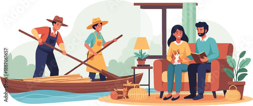 A couple relaxes indoors while two people row a boat with wood