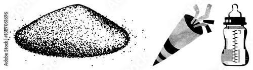 Halftone Sand Pile, Striped Cone, and Baby Bottle Vector