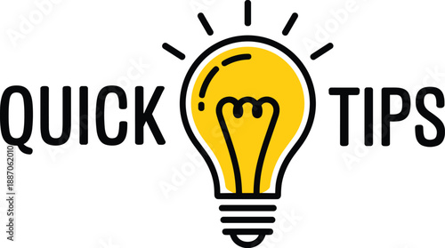 Quick tips light bulb illustration, idea and helpful advice concept with text, creative inspiration symbol in flat outline style vector isolated on white
