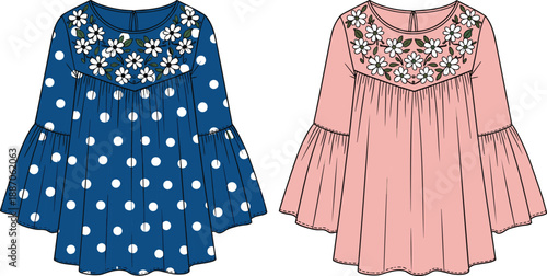 Women floral embroidered bell sleeve tunic dress flat sketch, polka dot and solid color fashion CAD drawing vector illustration