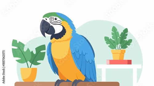 A colorful parrot perched indoors with houseplants and books