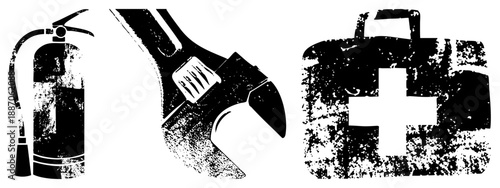Grunge Styled Fire Extinguisher, Wrench, and First Aid Kit