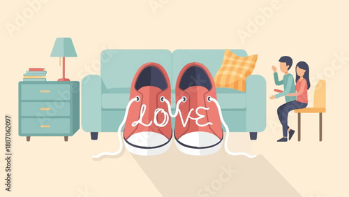A couple sits on a chair, with a couch, nightstand, and shoes with "love" tied