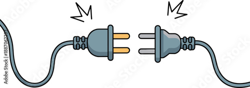 Electric plug connection illustration, power cable and socket disconnected concept, energy supply and technology symbol in flat cartoon vector isolated on white