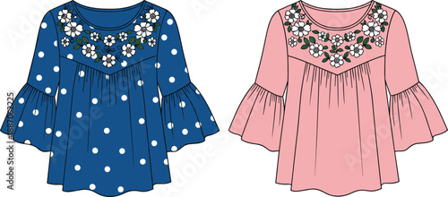 Women floral embroidered bell sleeve tunic top fashion flat sketch, polka dot and solid blouse CAD drawing vector illustration
