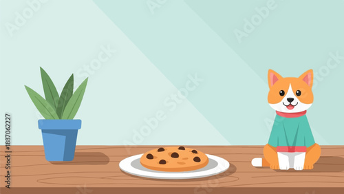 A cute dog sits patiently next to a plate of cookies and a potted plant