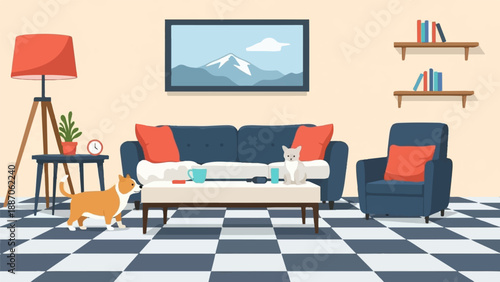 A cozy living room with a sofa, armchair, coffee table, lamp, and pets