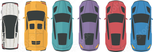 Top view car illustration set, colorful vehicle silhouettes from above, modern flat automobile designs for traffic, parking and map applications vector