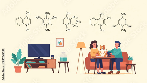 A couple with a pet dog enjoys a cozy evening at home, with scientific formulas above