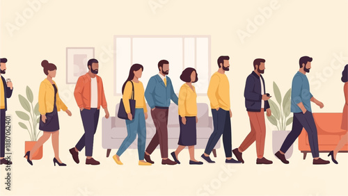 A diverse group of people walk in a single file line indoors