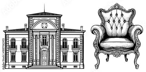 Ornate Victorian Armchair and Classical Mansion Facade Vector Illustration