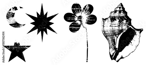 Vintage Grunge Symbols Including Moon, Star, Clover, and