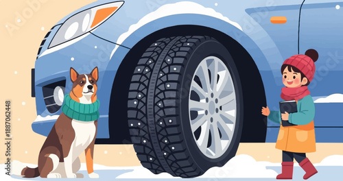 A dog and a child stand by a car with snow tires in a winter scene