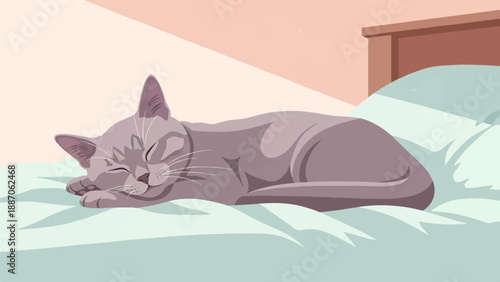 A cute, grey cat sleeps peacefully on a soft, light blue pillow and bed