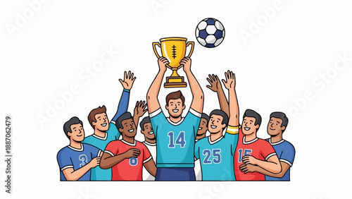 A diverse group of smiling athletes celebrates victory with a trophy