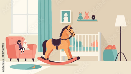 A cozy nursery with two children, a rocking horse, and a crib