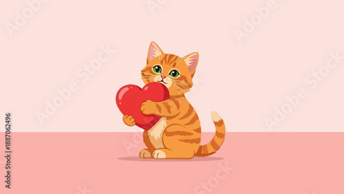 A cute orange tabby kitten hugs a red heart on a soft pink background