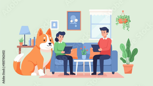 A dog and two people sit on a couch in a living room, each holding a tablet