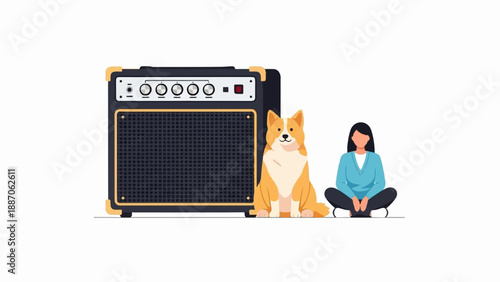 A dog and person sit next to a large amplifier against a white background
