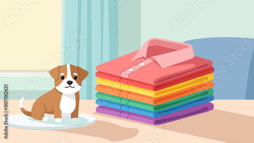A cute puppy sits on a mat next to a neat stack of rainbow-colored folded shirts
