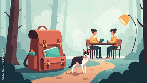 A dog, backpack, and two people working outside in a forest setting