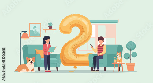 A cozy room with two people, dogs, and a giant "2" balloon