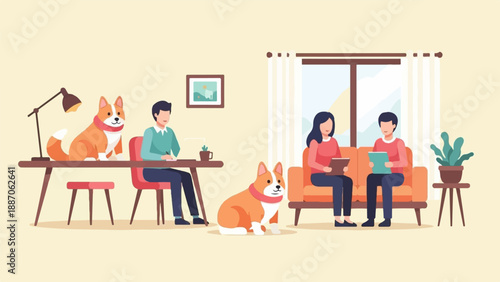 A cozy room with people and corgis, working and relaxing