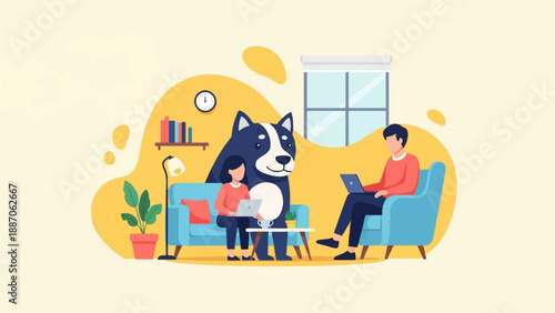 A dog and two people work on laptops in a brightly colored living room