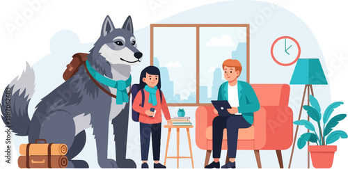 A dog, girl, and man in a room with luggage and plants