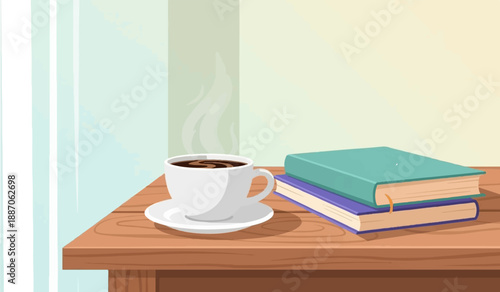A cozy scene with a steaming cup of coffee and two books on a wooden table