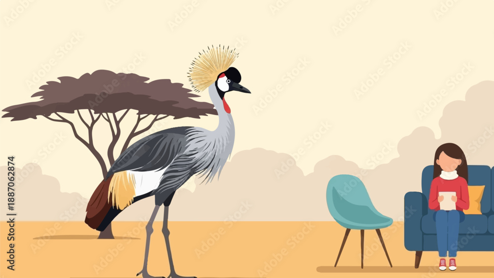 Fototapeta premium A crested bird stands near a tree, while a girl sits on a sofa with a book