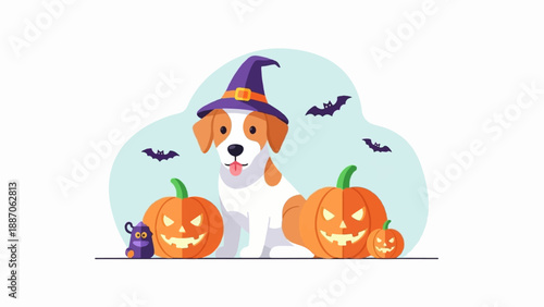 A dog in a witch hat sits with carved pumpkins and bats