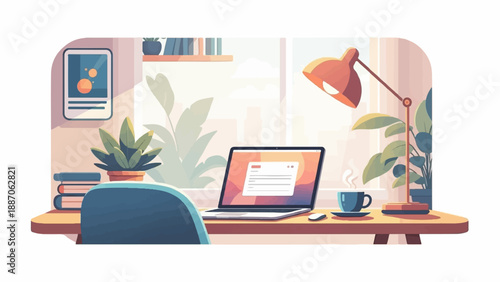 A cozy workspace with a laptop, lamp, plants, and coffee on a desk