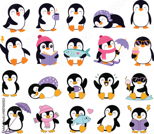 Cute penguin character illustration set featuring playful cartoon penguins in winter accessories, showcasing various poses and expressions isolated on white background for children and design projects