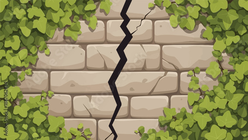 A cracked stone wall overgrown with lush green ivy