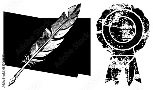 Vintage Feather Quill Pen and Award Ribbon Set