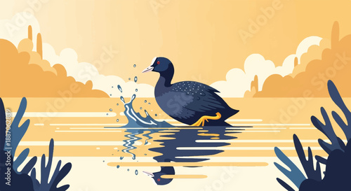 A dark bird with white spots emerges from splashing water at sunset