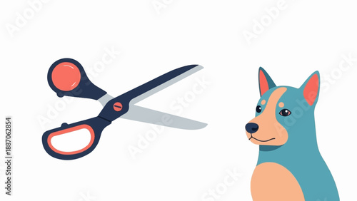A dog looks at a pair of open scissors