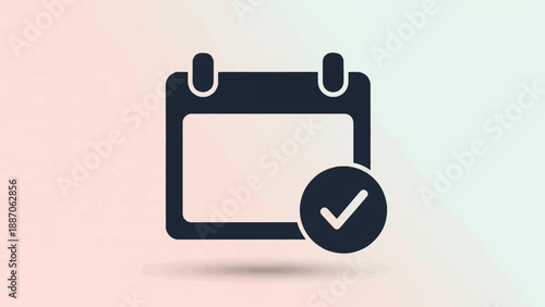 A dark blue calendar icon with a checkmark in a circle on a gradient background
