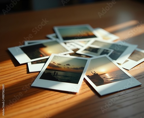 Retro Polaroid Photo Prints Scattered on Wooden Surface