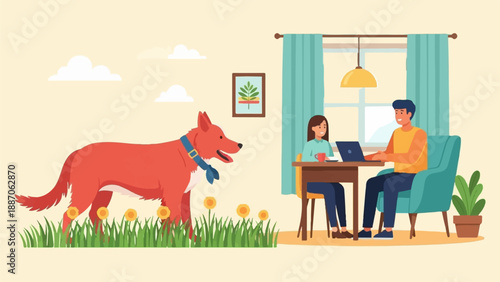 A dog in grass looks at a couple working on a laptop