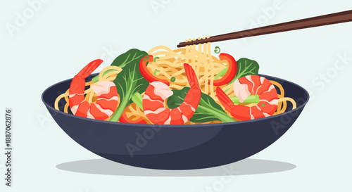 A dark bowl overflows with noodles, shrimp, peppers, and greens, with chopsticks lifting noodles