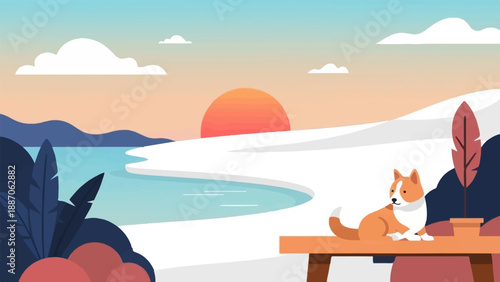 A dog relaxes by the beach at sunset with colorful clouds