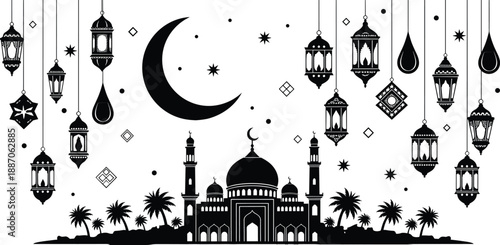 Islamic mosque vector illustration, black and white design with lanterns, crescent moons, stars, and palm trees