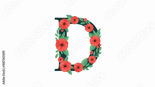 A dark letter D is adorned with vibrant red poppies and green leaves