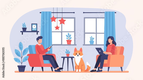 A dog sits between a man and woman relaxing indoors