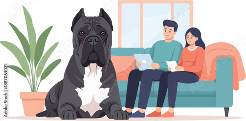 A dog sits by a plant as a couple relaxes on a couch with gadgets